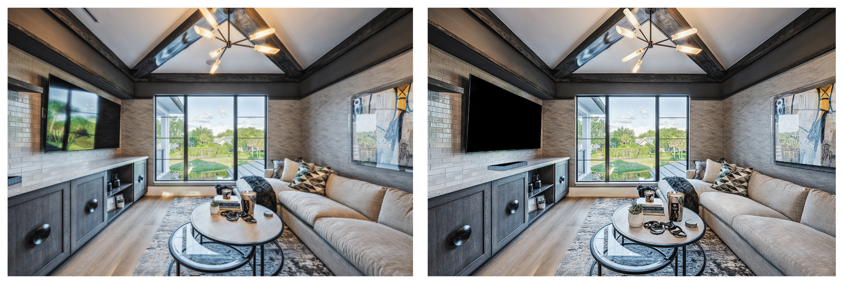 Photo showing the same room with objects moved on the coffee table